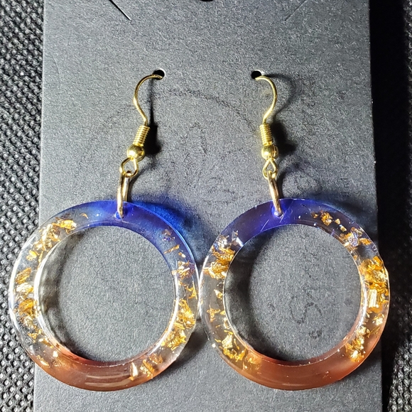 Handmade Jewelry - Gold and Blue Resin Hoop Earrings